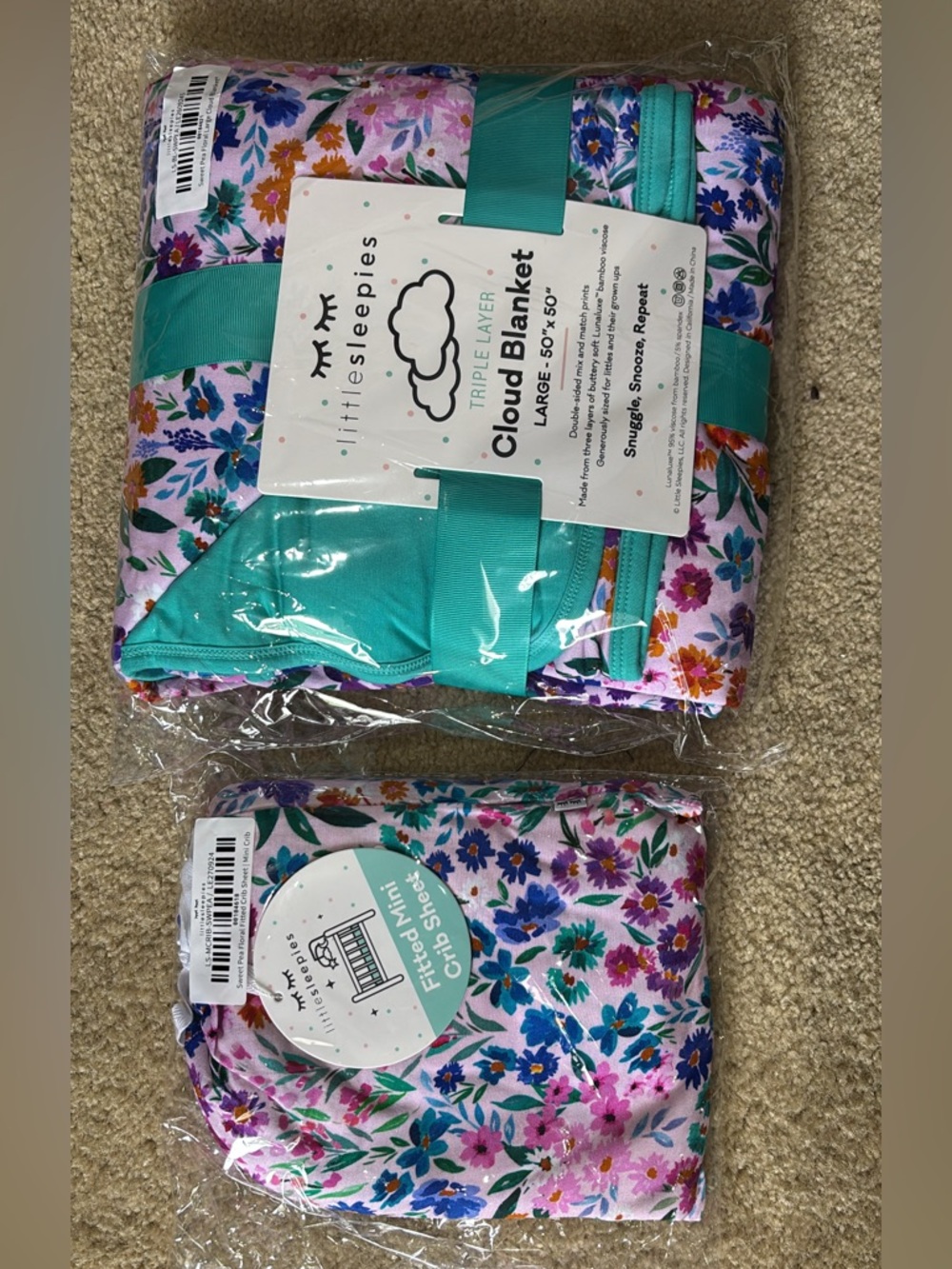 Little Sleepies Floral Cloud Blanket & Mini Crib Sheet - Pink, Teal, Purple